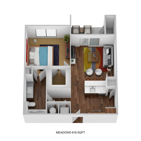 A1A floor plan, 1 bedroom and 1 bathroom