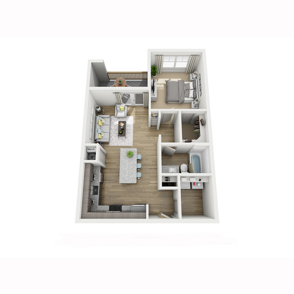 A1A-P floor plan, 1 bedroom and 1 bathroom