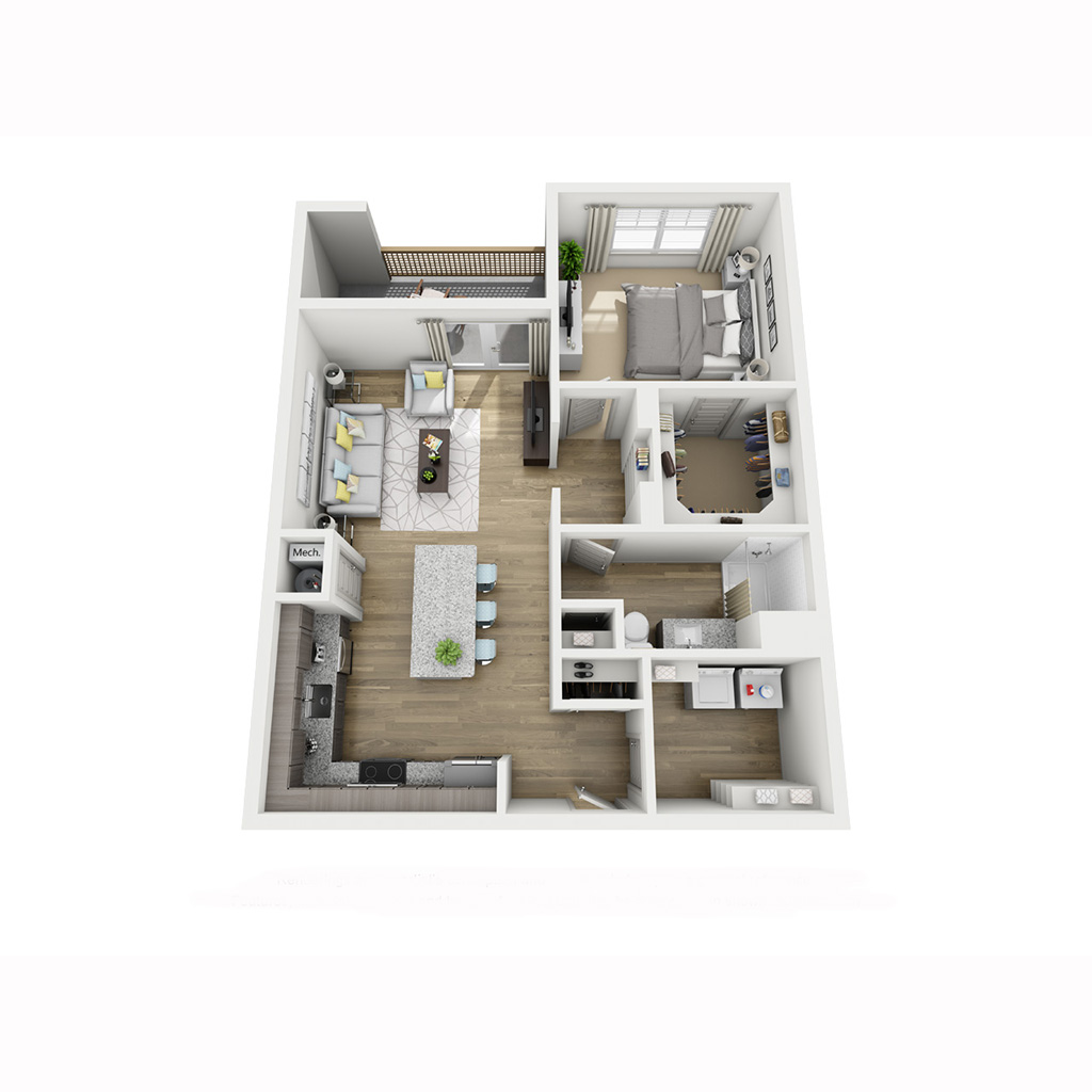 A1B-P floor plan, 1 bedroom and 1 bathroom
