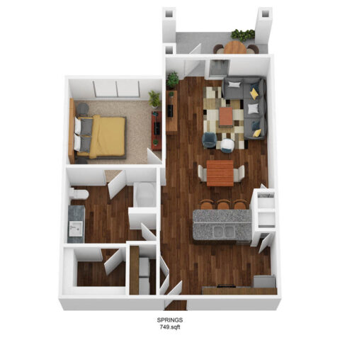 A1E-S floor plan, 1 bedroom and 1 bathroom